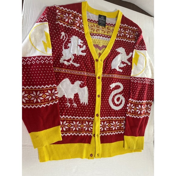Harry Potter Hogwarts Houses Christmas Cardigan Sweater Red & Yellow Crest Large - Picture 5 of 8